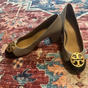 Tory Burch Gray and Black Heels with Gold Accent